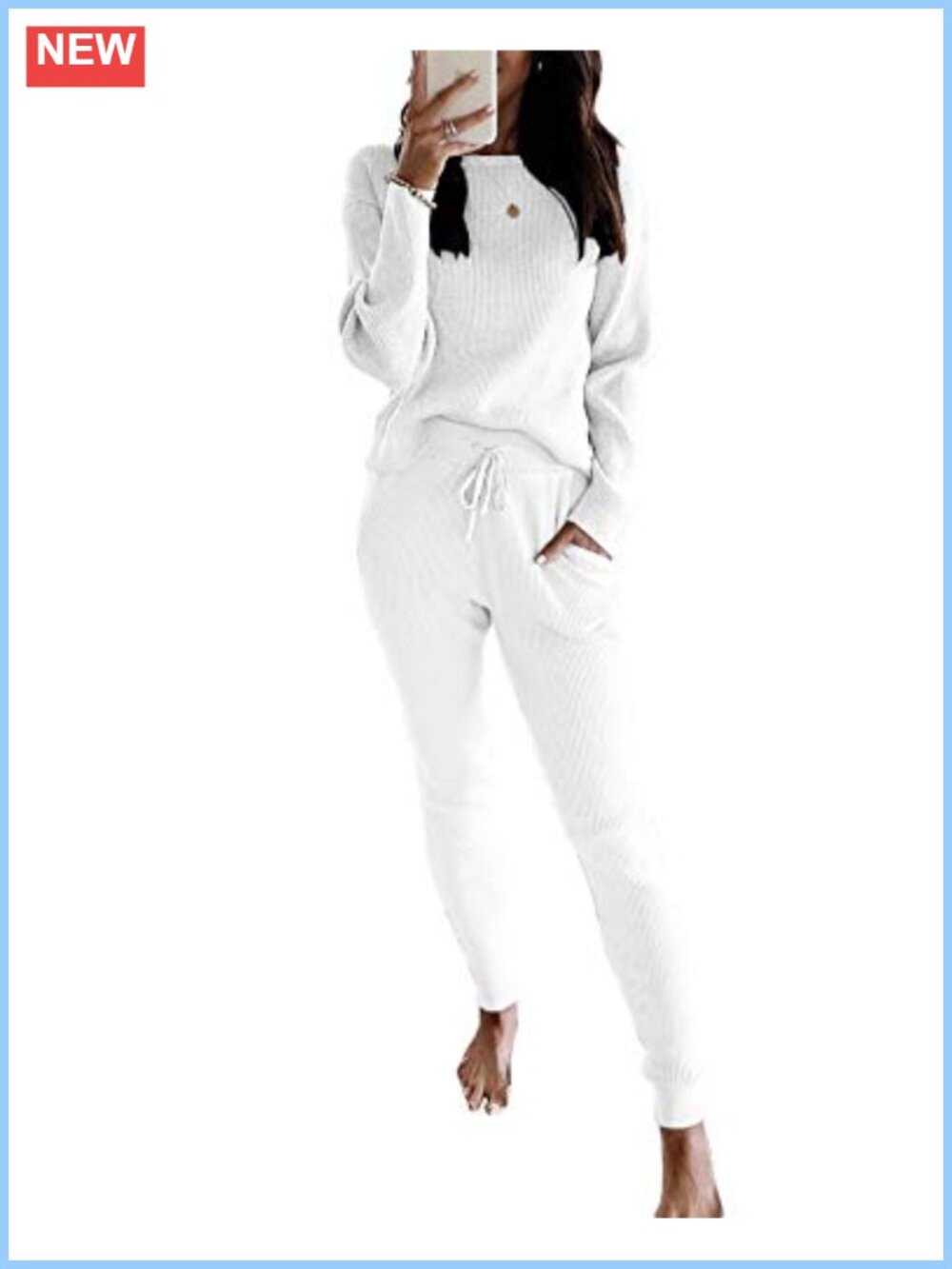 Rib Knit 2 Piece Sweater Set Long Sleeve Top & Drawstring Pants